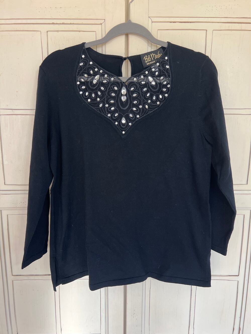 Bob Mackie Wearable Art size small black top wth rhinestones detail
